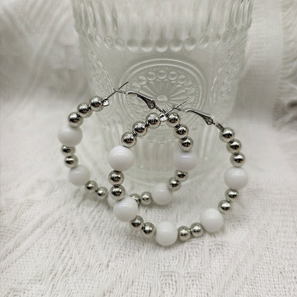 Exaggerated Natural Pink Hoop Earrings With Beading Craft In Plastic Material