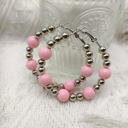 Exaggerated Natural Pink Hoop Earrings With Beading Craft In Plastic Material