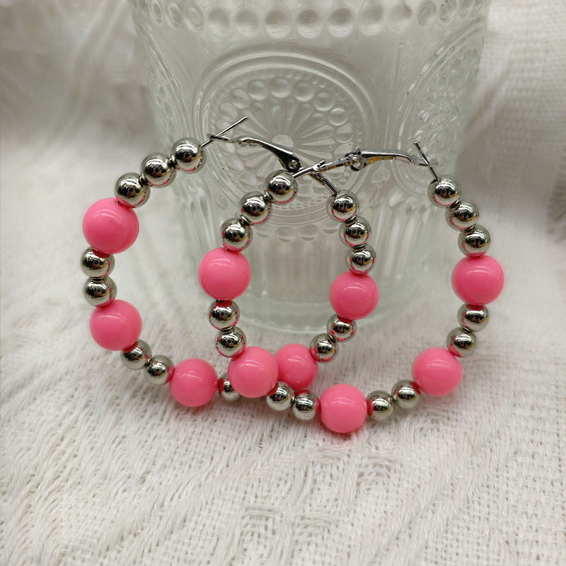 Exaggerated Natural Pink Hoop Earrings With Beading Craft In Plastic Material
