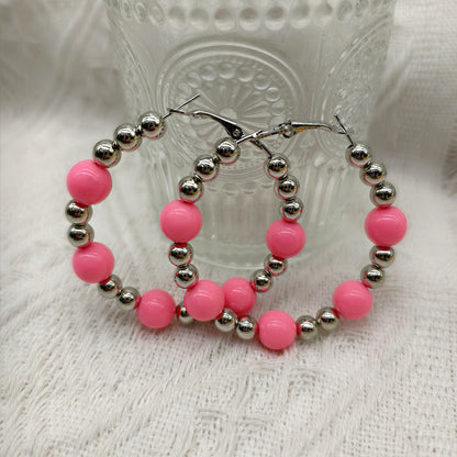 Exaggerated Natural Pink Hoop Earrings With Beading Craft In Plastic Material