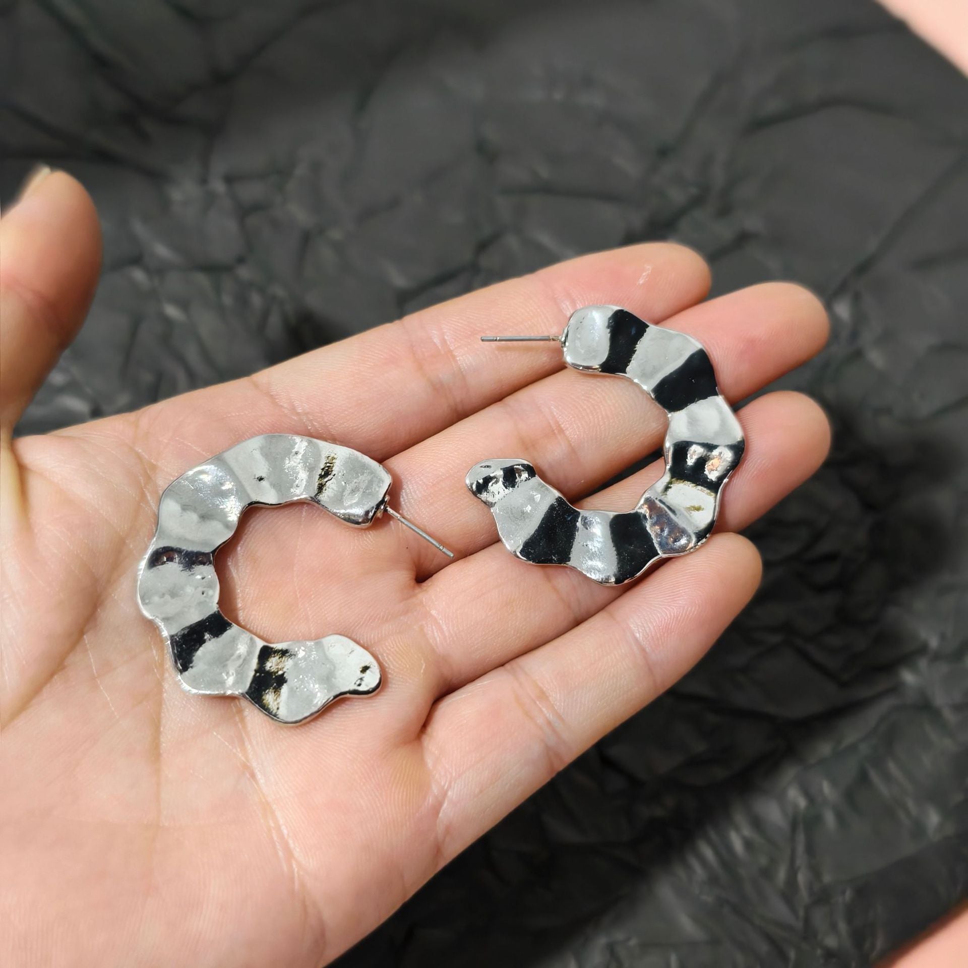 C Shape Stud Earrings For Women In Alloy With Electroplated White K Plated Finish And Iron Ear Pins