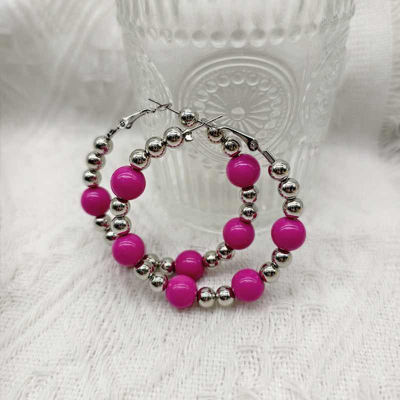 Exaggerated Natural Pink Hoop Earrings With Beading Craft In Plastic Material