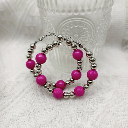 Exaggerated Natural Pink Hoop Earrings With Beading Craft In Plastic Material
