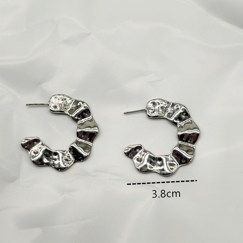 C Shape Stud Earrings For Women In Alloy With Electroplated White K Plated Finish And Iron Ear Pins