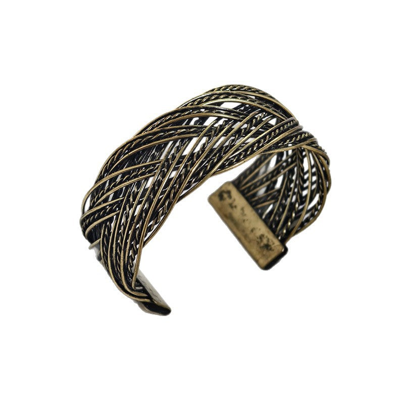 Retro Geometric Braid Metal Bangle With Electroplated Gold Plating Process, Unisex Wristband
