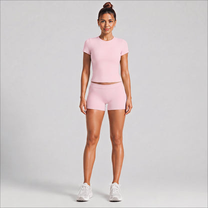 Sport Running Shorts For Women In Stretchy Nylon Fabric With Short Sleeve, Perfect For Summer