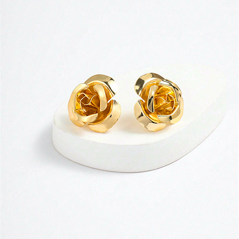 Exaggerated Gold Flowers Stud Earrings For Women Featuring Electroplated Metal