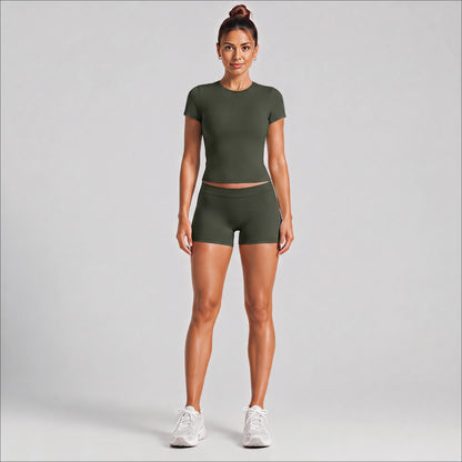 Sport Running Shorts For Women In Stretchy Nylon Fabric With Short Sleeve, Perfect For Summer