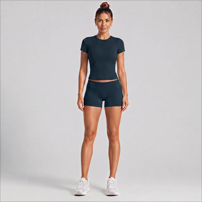 Sport Running Shorts For Women In Stretchy Nylon Fabric With Short Sleeve, Perfect For Summer