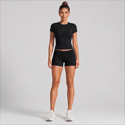 Sport Running Shorts For Women In Stretchy Nylon Fabric With Short Sleeve, Perfect For Summer