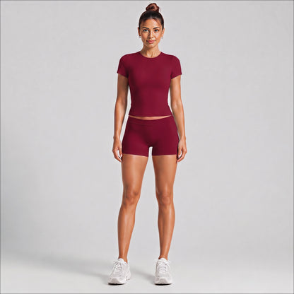 Sport Running Shorts For Women In Stretchy Nylon Fabric With Short Sleeve, Perfect For Summer