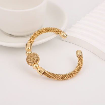 Vintage Style Gold Braid Bangle In Metal With Beads, Electroplated Finish, Unisex Design