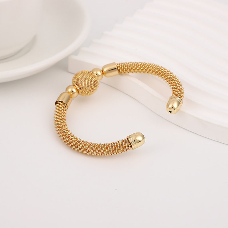 Vintage Style Gold Braid Bangle In Metal With Beads, Electroplated Finish, Unisex Design