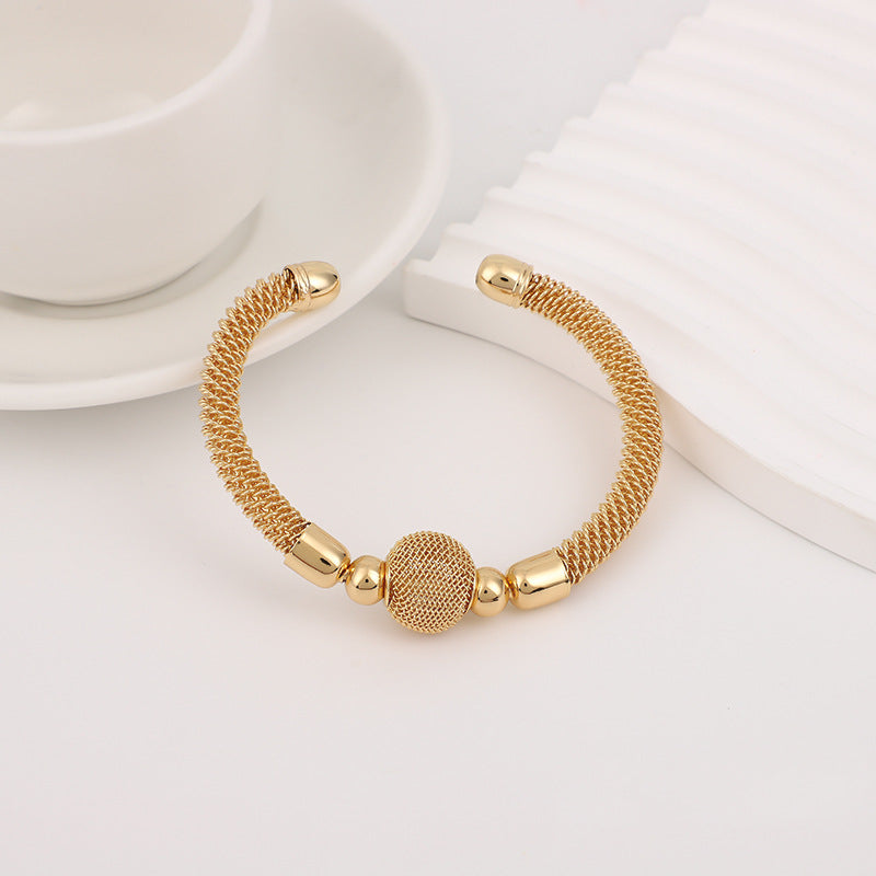 Vintage Style Gold Braid Bangle In Metal With Beads, Electroplated Finish, Unisex Design