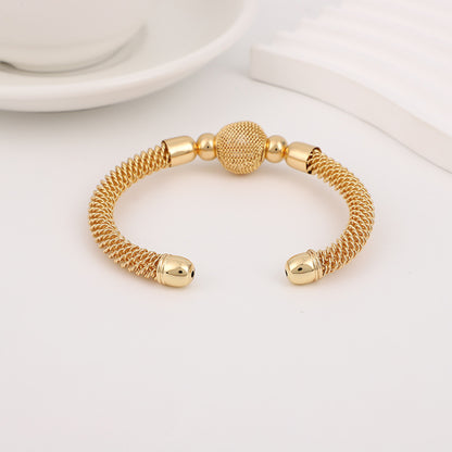 Vintage Style Gold Braid Bangle In Metal With Beads, Electroplated Finish, Unisex Design