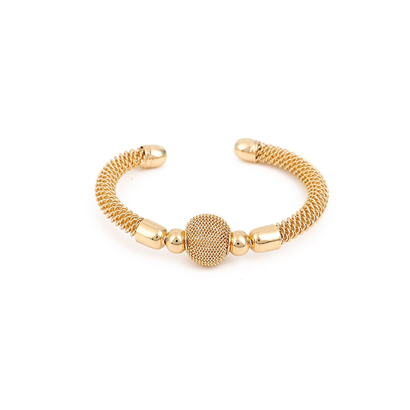 Vintage Style Gold Braid Bangle In Metal With Beads, Electroplated Finish, Unisex Design
