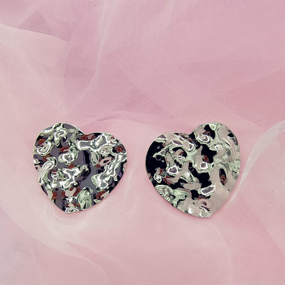 Exaggerated Heart Shape Silver Stud Earrings For Women, Electroplated Metal Design