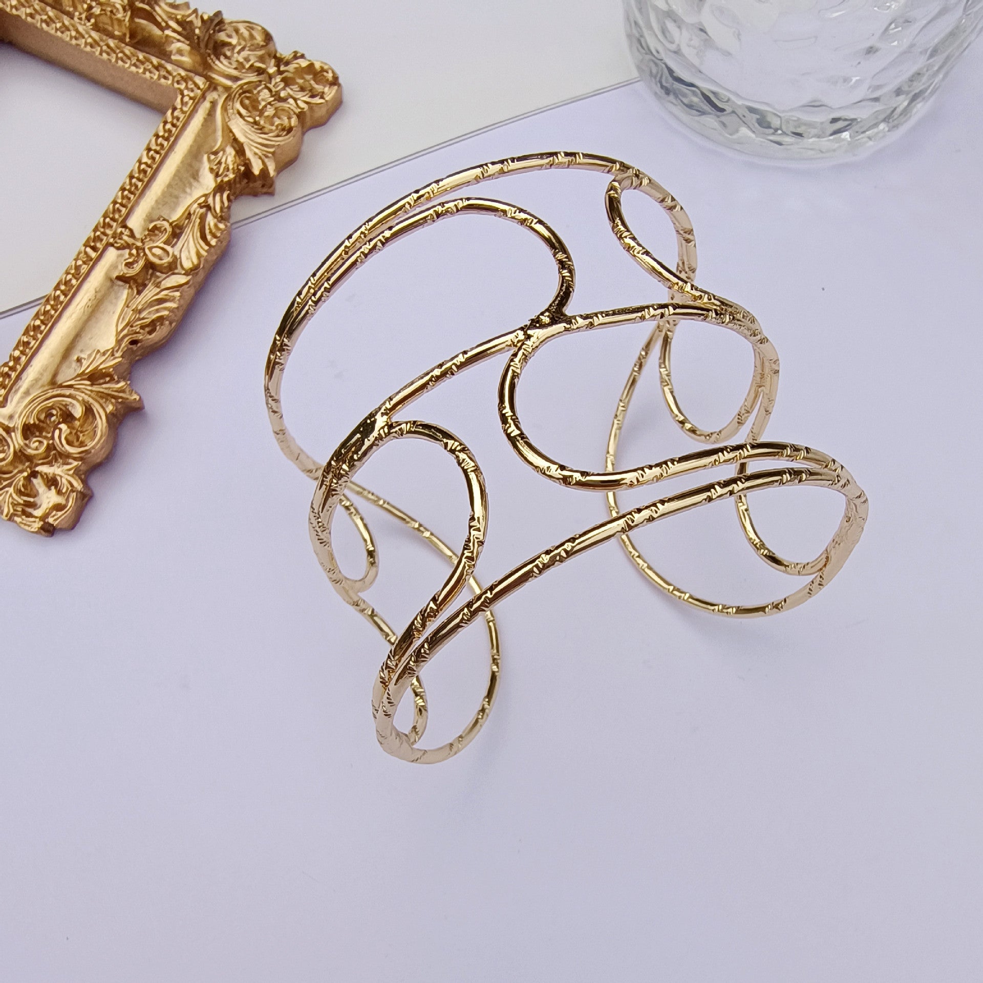 Geometric Gold Alloy Bangle With Electroplated Finish For Elegant Style