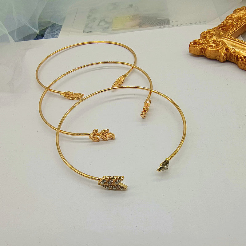 Leaves Pattern Women’s Arm Cuff Wristband Set Of 3 Pieces Featuring Electroplated Metal With Artificial Gemstones