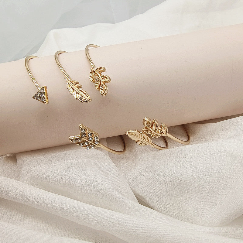 Leaves Pattern Women’s Arm Cuff Wristband Set Of 3 Pieces Featuring Electroplated Metal With Artificial Gemstones