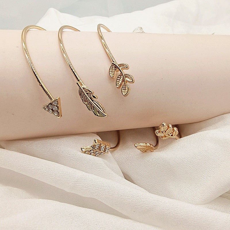Leaves Pattern Women’s Arm Cuff Wristband Set Of 3 Pieces Featuring Electroplated Metal With Artificial Gemstones
