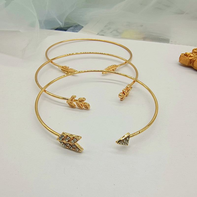 Leaves Pattern Women’s Arm Cuff Wristband Set Of 3 Pieces Featuring Electroplated Metal With Artificial Gemstones
