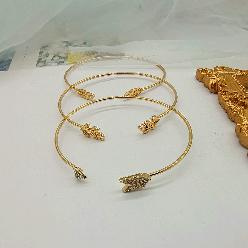 Leaves Pattern Women’s Arm Cuff Wristband Set Of 3 Pieces Featuring Electroplated Metal With Artificial Gemstones
