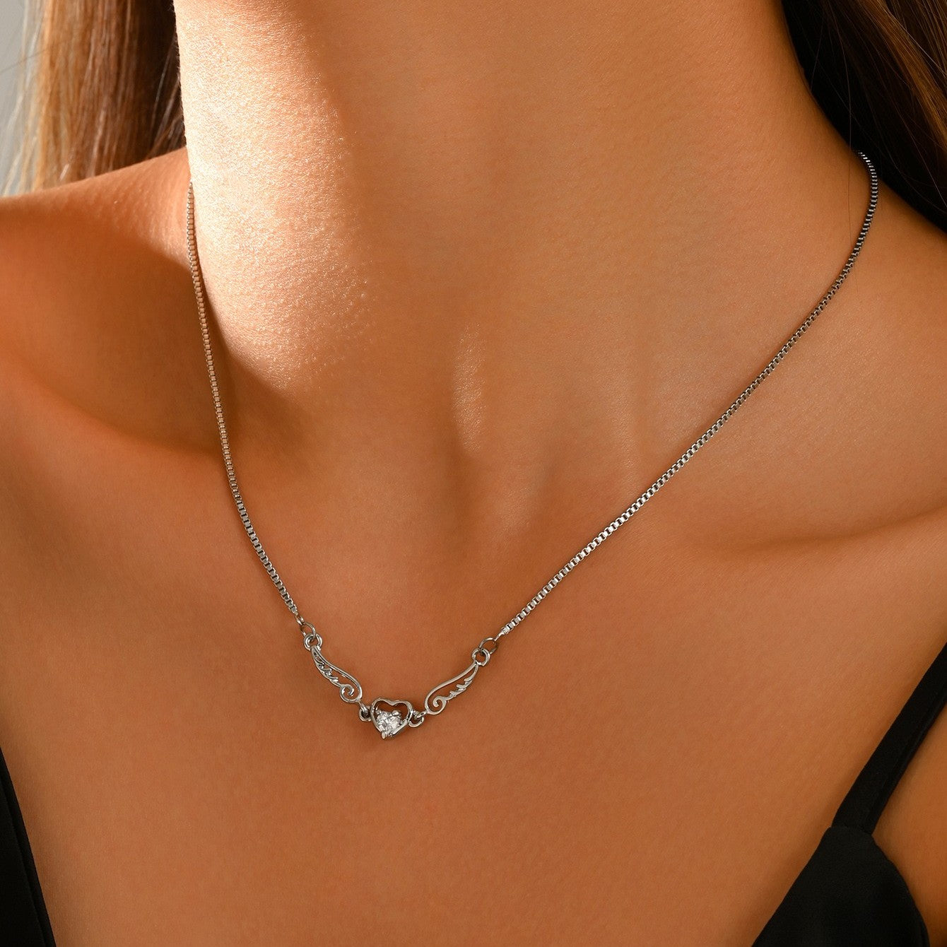 Heart Shape Electroplated Copper Pendant Necklace For Women With Rhinestones And Box Chain