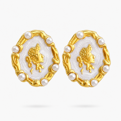 Nordic Style Leaves Enamel Earrings With 18K Real Gold Plated 304 Stainless Steel And Imitation Pearl Inlay Featuring Water Plating
