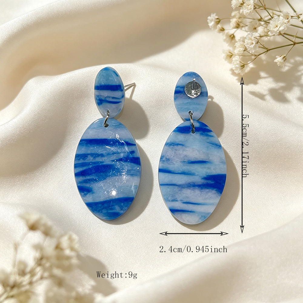 Asymmetrical Geometric Earrings For Women In Dark Blue Soft Clay With Golden Plated Finish, Simple Style
