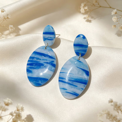 Asymmetrical Geometric Earrings For Women In Dark Blue Soft Clay With Golden Plated Finish, Simple Style