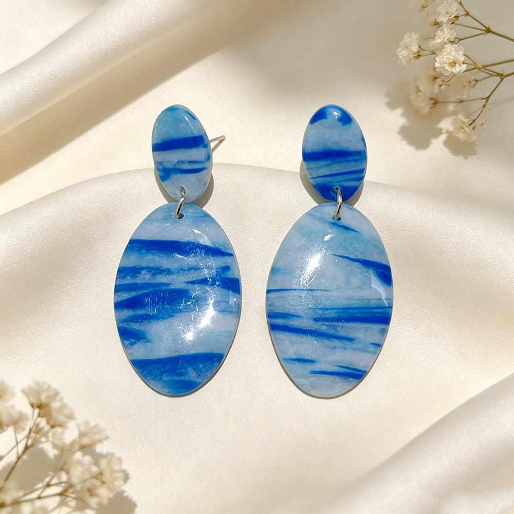 Asymmetrical Geometric Earrings For Women In Dark Blue Soft Clay With Golden Plated Finish, Simple Style
