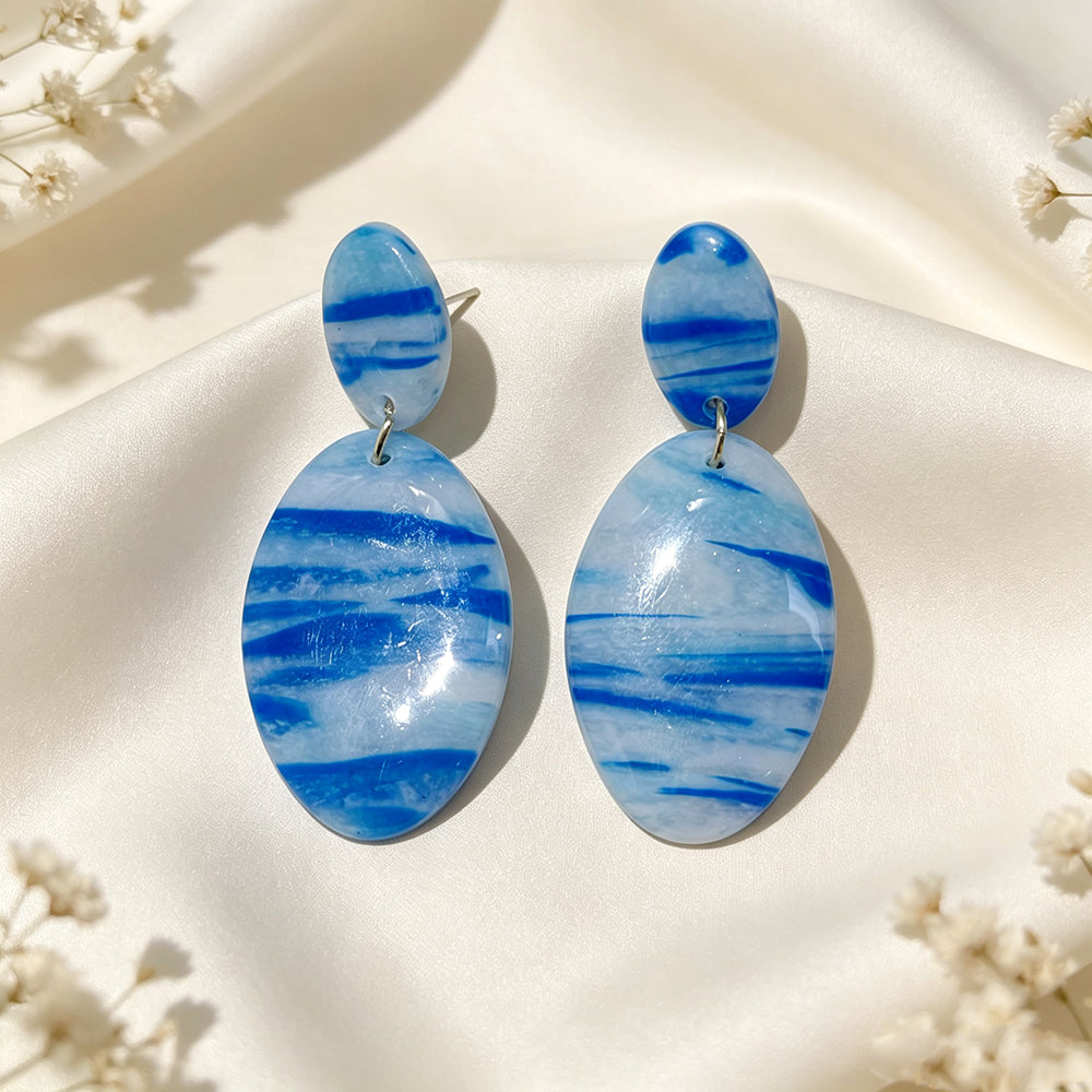 Asymmetrical Geometric Earrings For Women In Dark Blue Soft Clay With Golden Plated Finish, Simple Style