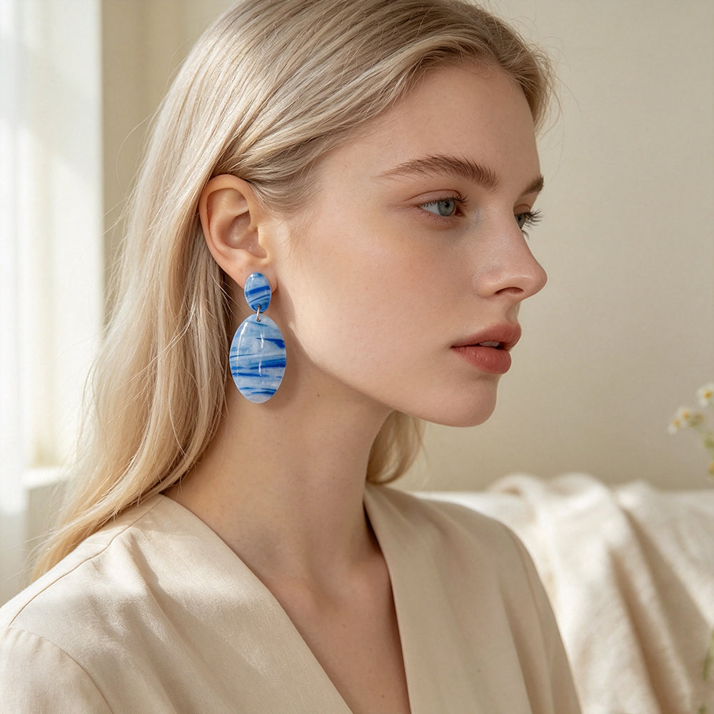 Asymmetrical Geometric Earrings For Women In Dark Blue Soft Clay With Golden Plated Finish, Simple Style