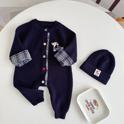 Knitted Cotton Dog Pant Co-ord Set For Kids In Navy Blue, 2 Pieces Set With Hooded Design