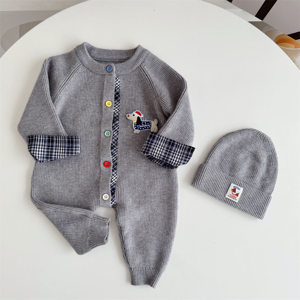 Knitted Cotton Dog Pant Co-ord Set For Kids In Navy Blue, 2 Pieces Set With Hooded Design
