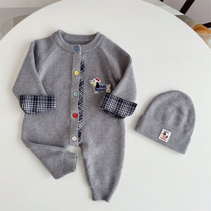 Knitted Cotton Dog Pant Co-ord Set For Kids In Navy Blue, 2 Pieces Set With Hooded Design