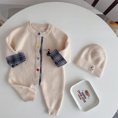Knitted Cotton Dog Pant Co-ord Set For Kids In Navy Blue, 2 Pieces Set With Hooded Design