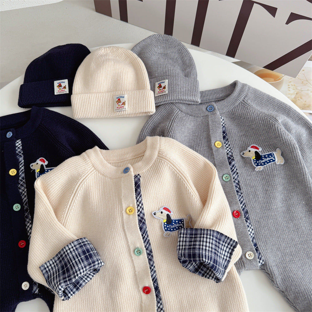 Knitted Cotton Dog Pant Co-ord Set For Kids In Navy Blue, 2 Pieces Set With Hooded Design