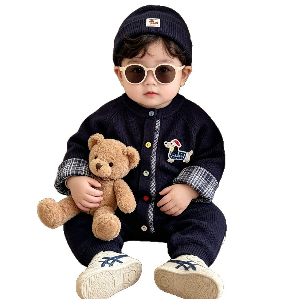 Knitted Cotton Dog Pant Co-ord Set For Kids In Navy Blue, 2 Pieces Set With Hooded Design