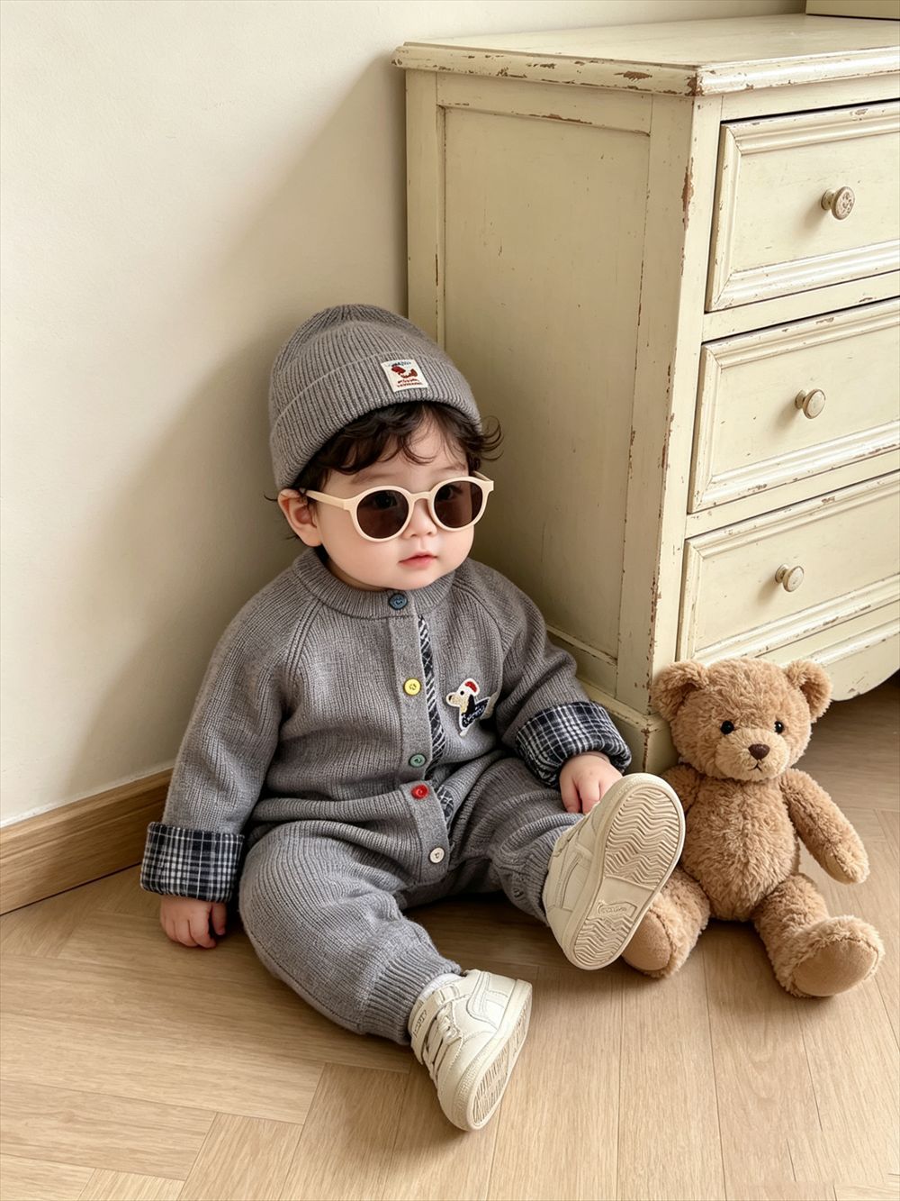 Knitted Cotton Dog Pant Co-ord Set For Kids In Navy Blue, 2 Pieces Set With Hooded Design