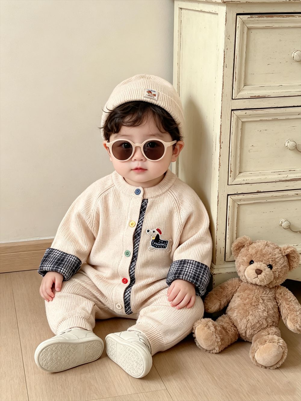 Knitted Cotton Dog Pant Co-ord Set For Kids In Navy Blue, 2 Pieces Set With Hooded Design