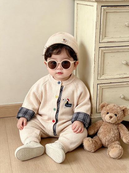 Knitted Cotton Dog Pant Co-ord Set For Kids In Navy Blue, 2 Pieces Set With Hooded Design