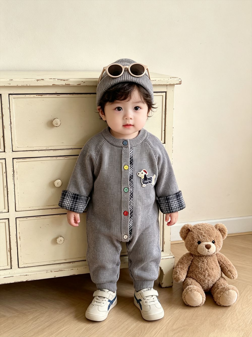 Knitted Cotton Dog Pant Co-ord Set For Kids In Navy Blue, 2 Pieces Set With Hooded Design