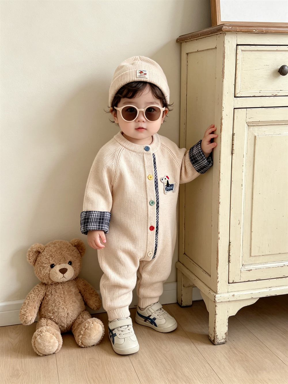 Knitted Cotton Dog Pant Co-ord Set For Kids In Navy Blue, 2 Pieces Set With Hooded Design
