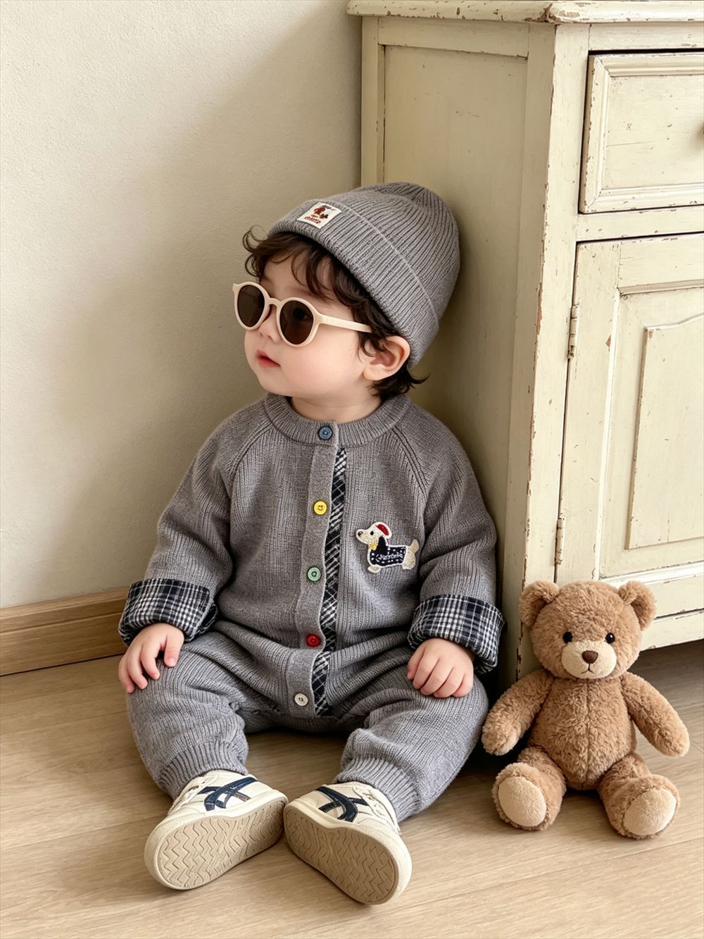 Knitted Cotton Dog Pant Co-ord Set For Kids In Navy Blue, 2 Pieces Set With Hooded Design