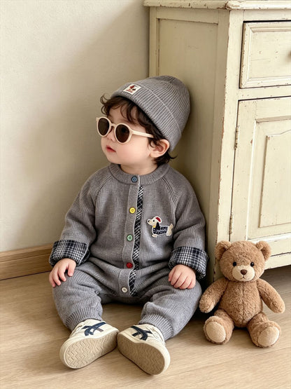 Knitted Cotton Dog Pant Co-ord Set For Kids In Navy Blue, 2 Pieces Set With Hooded Design