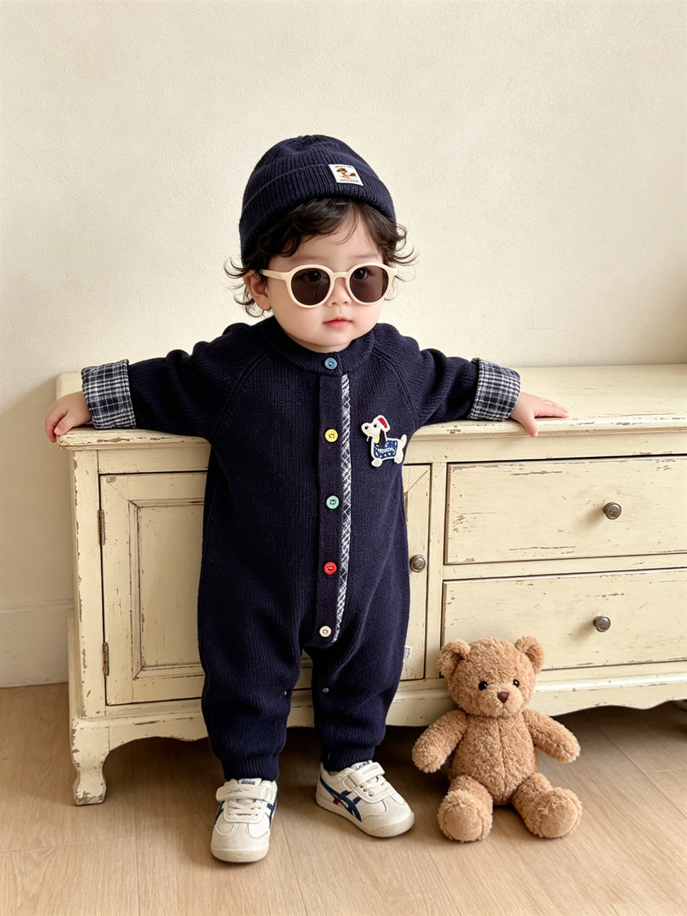 Knitted Cotton Dog Pant Co-ord Set For Kids In Navy Blue, 2 Pieces Set With Hooded Design
