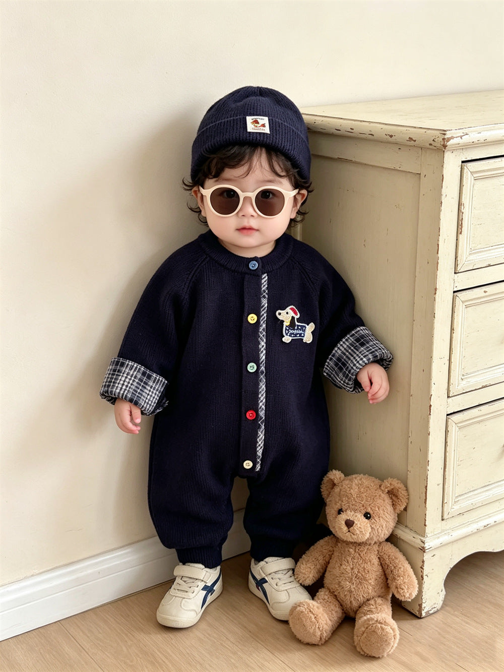 Knitted Cotton Dog Pant Co-ord Set For Kids In Navy Blue, 2 Pieces Set With Hooded Design