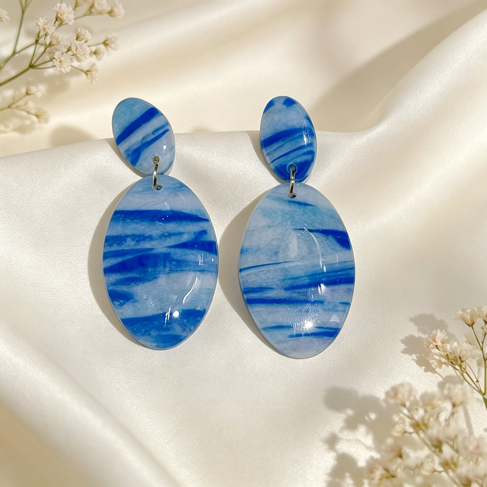 Asymmetrical Geometric Earrings For Women In Dark Blue Soft Clay With Golden Plated Finish, Simple Style